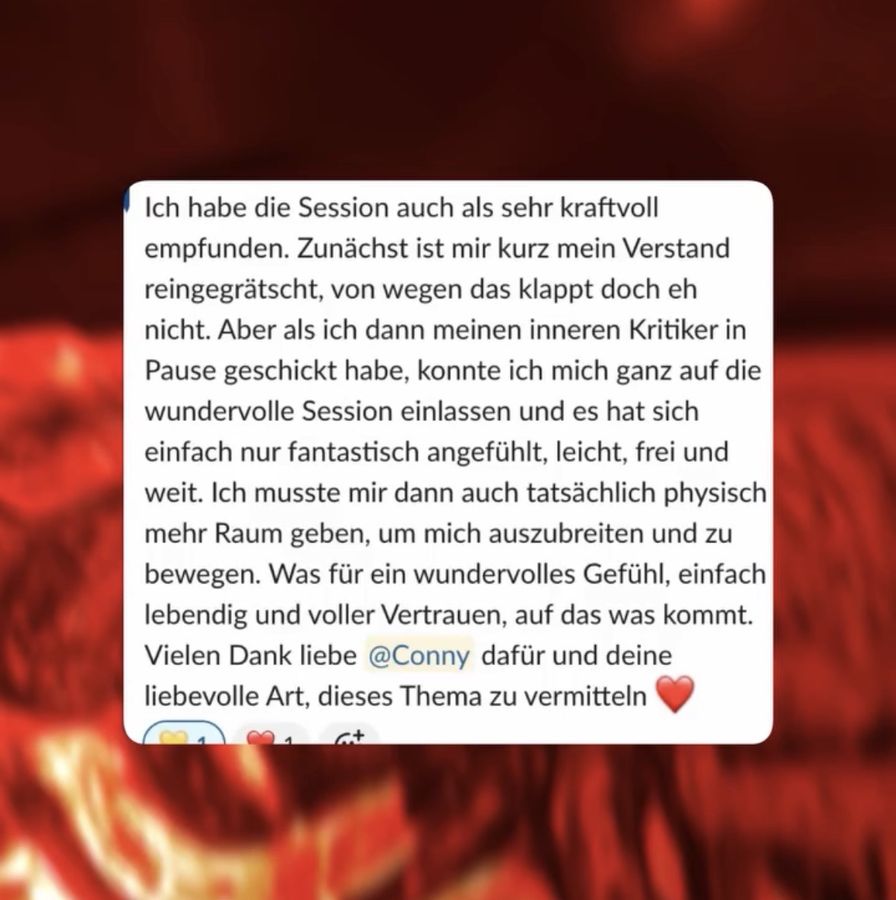 Nachricht einer Teilnehmerin über ihren inneren Kritiker und das Gefühl von Leichtigkeit nach der Session.